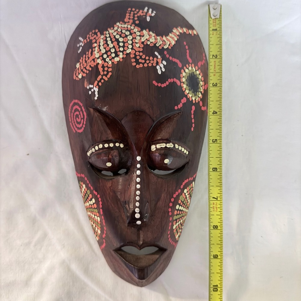 Bali Wood Carved Lizard Mask Indonesian Dot Painted Gecko Wall Hanging 10"